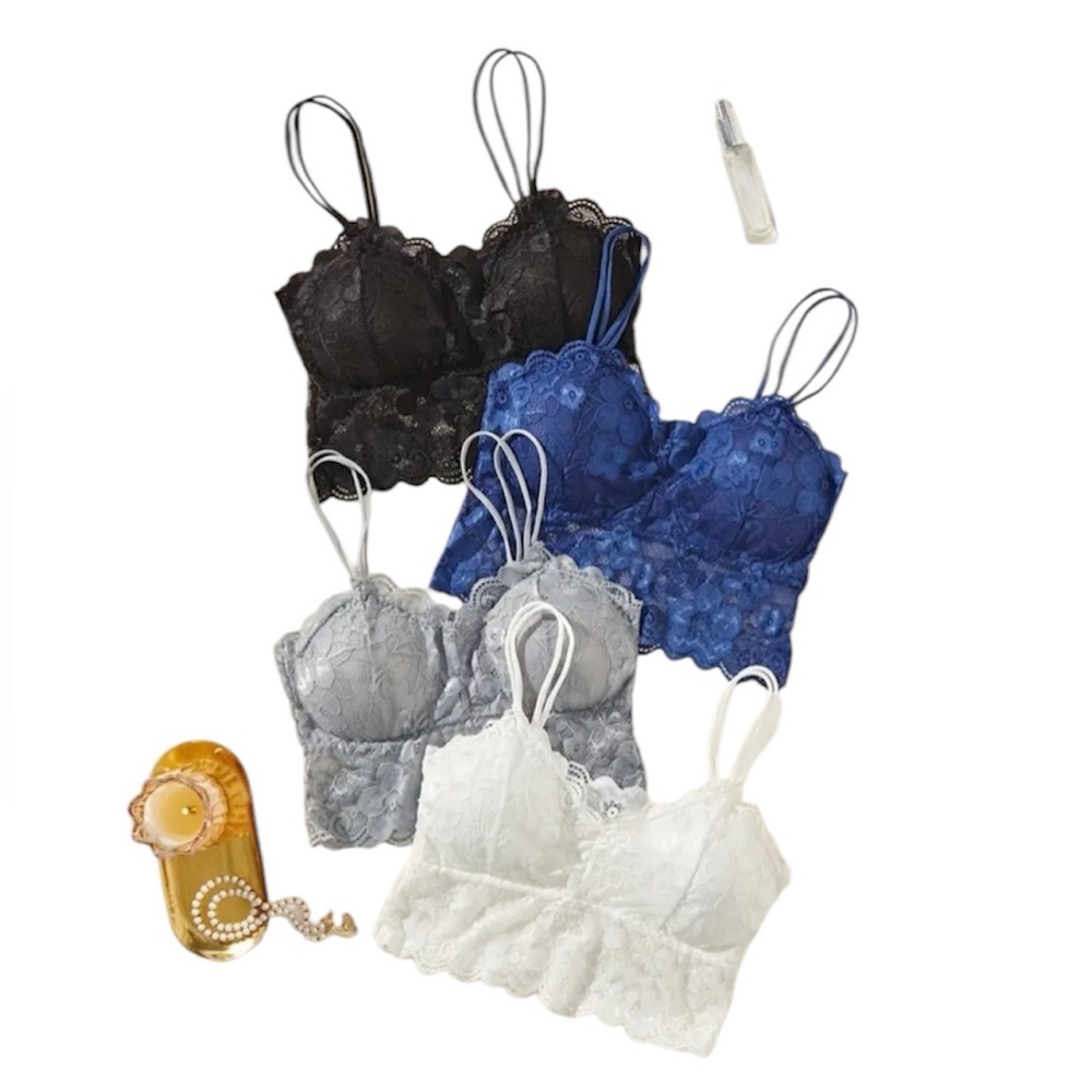 Women’s Bundle Of 4 Lace Bralette Black Blue Gray And White XXL